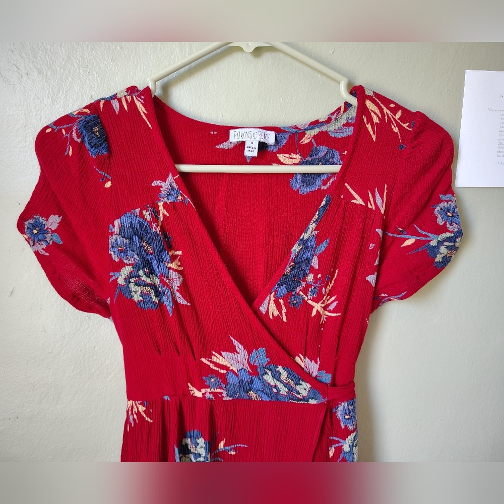 Patrons of Peace Small Red Short Sleeve V-neck Wrap Dress Tie Waist - Picture 3 of 12